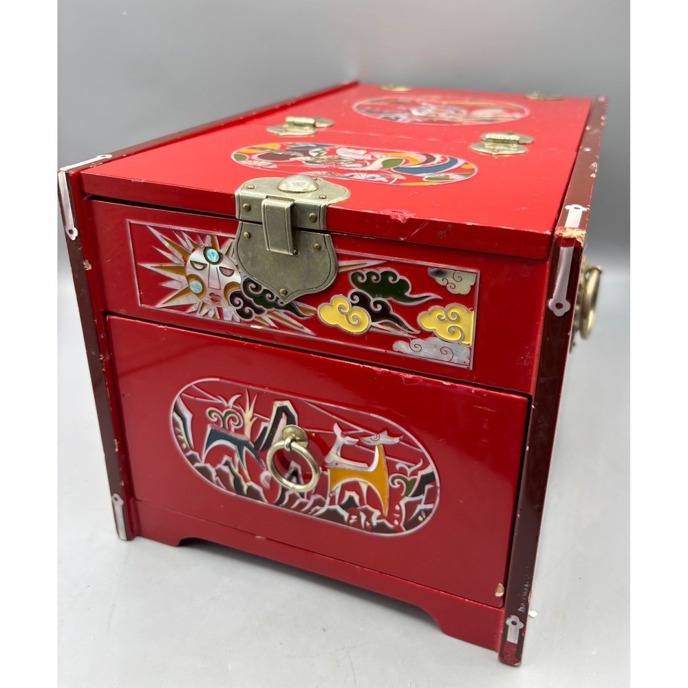Vintage Red Lacquer Jewelry Box Sun Moon Deer Inlay Brass Accents Asian‎